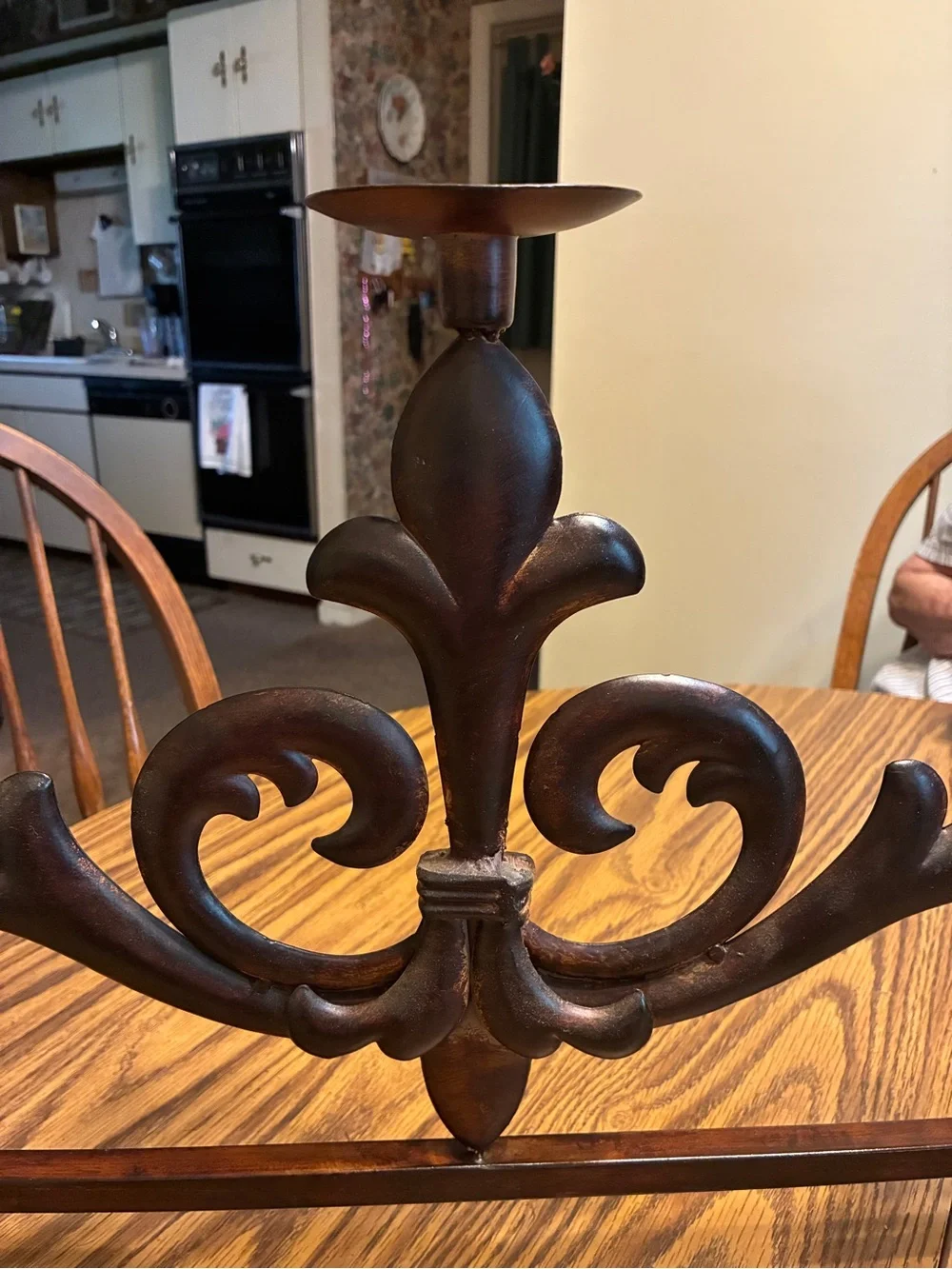 Large ornate cast/wrought-metal three-candle candelabra 26” x15”